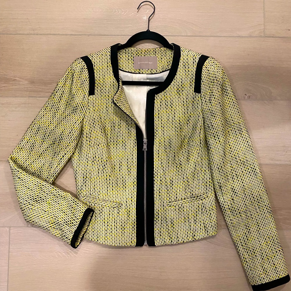 Yellow and black tweed twill fabric zip up small blazer jacket